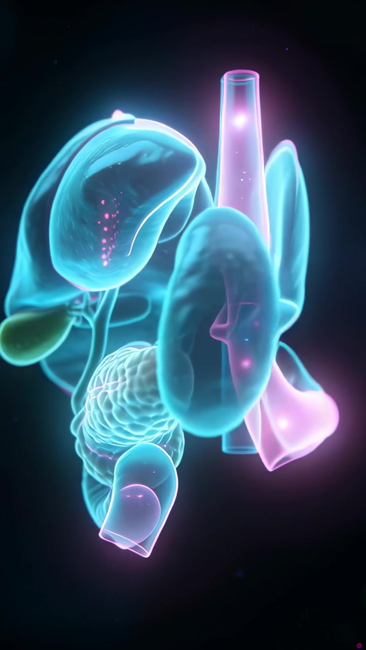 Vertical video: Pulling back, camera rotating 3D liver and pancreas in void, highlighting ducts