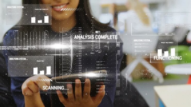 Animation of interface with data processing over mid section of businesswoman using digital tablet