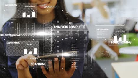 animation of interface with data processing over mid section of businesswoman using digital tablet