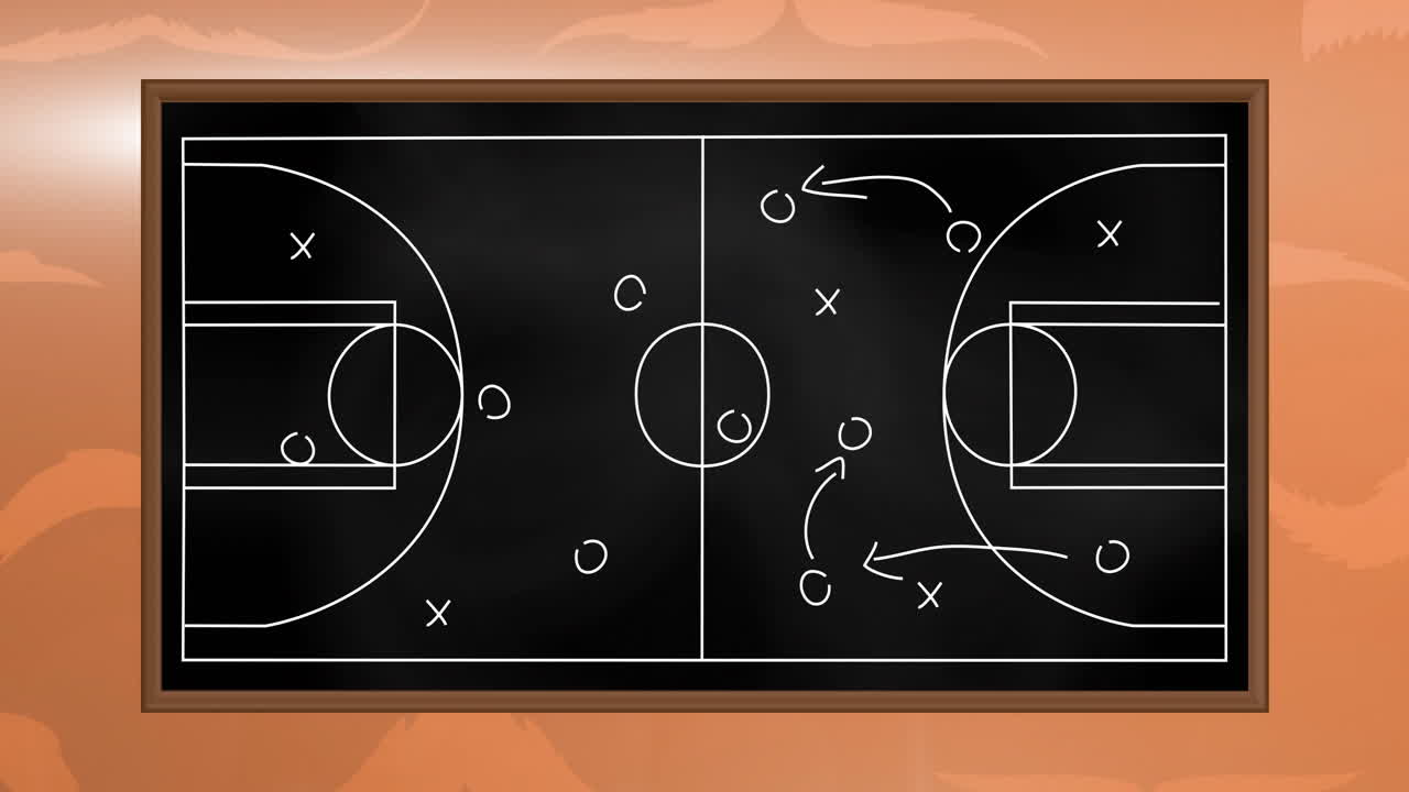 Animation of game plan drawn with chalk on basketball court against abstract background