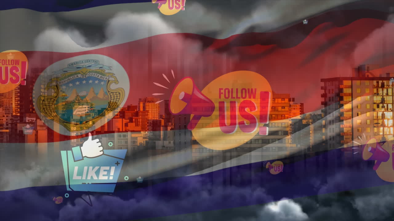 анимация флага коста-рики над городским пейзажем и текст следите за нами и любите онлайн-сообщения