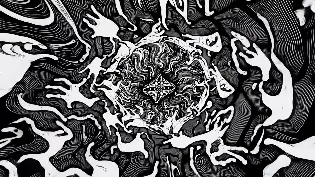 Abstract black and white swirl pattern with a top-down camera angle, resembling a vortex