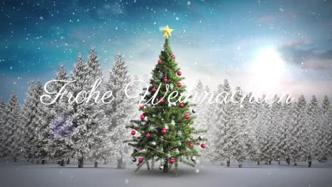 frohe weihnachten text and snow falling over christmas tree on winter landscape