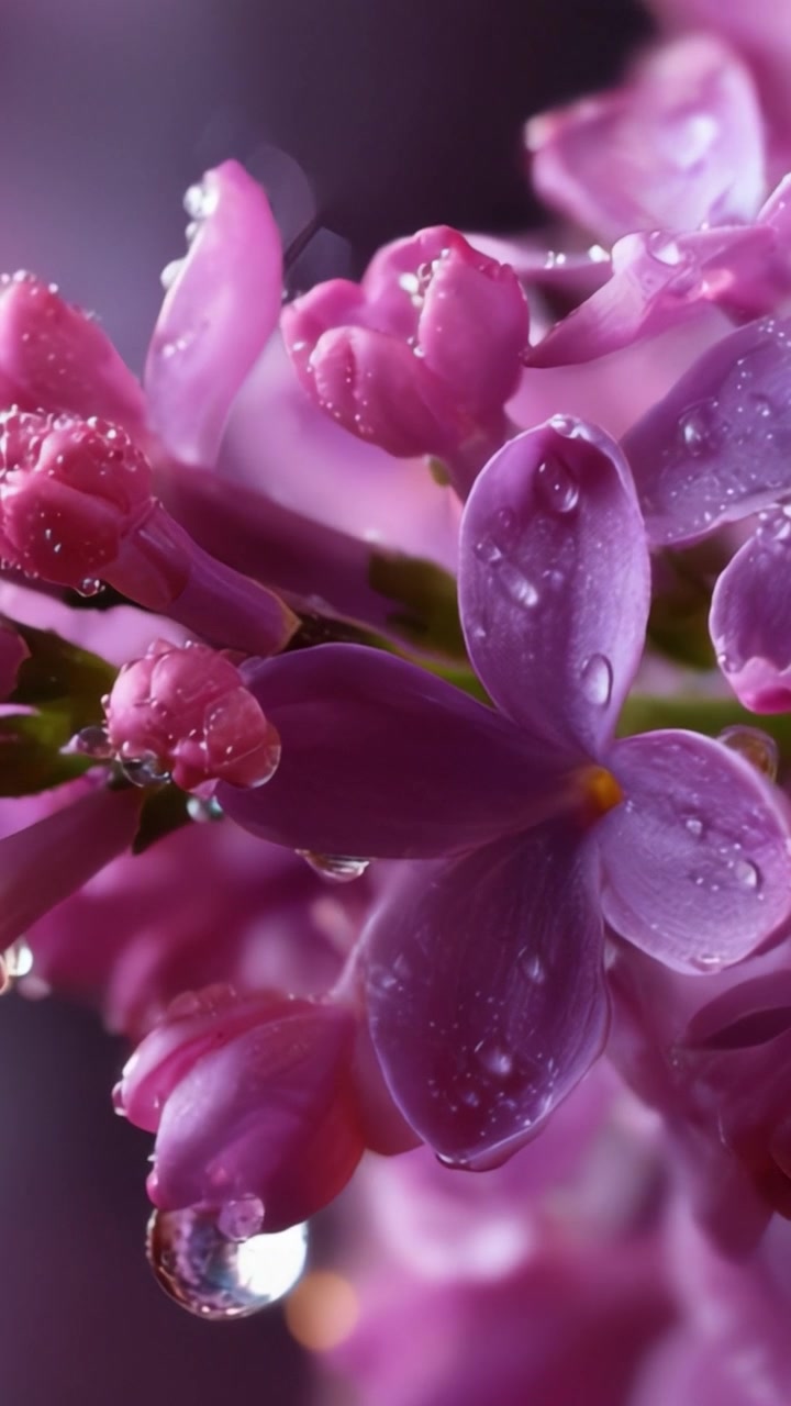 Un primo piano di vivaci fiori viola adornati di gocce di rugiada, che mostra la bellezza e le complessità della natura in una luce soffusa ed eterea.
