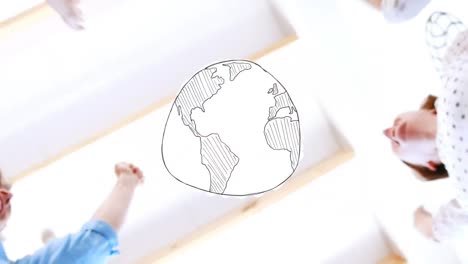 animation of drawn globe over happy diverse colleagues stacking hands at casual office