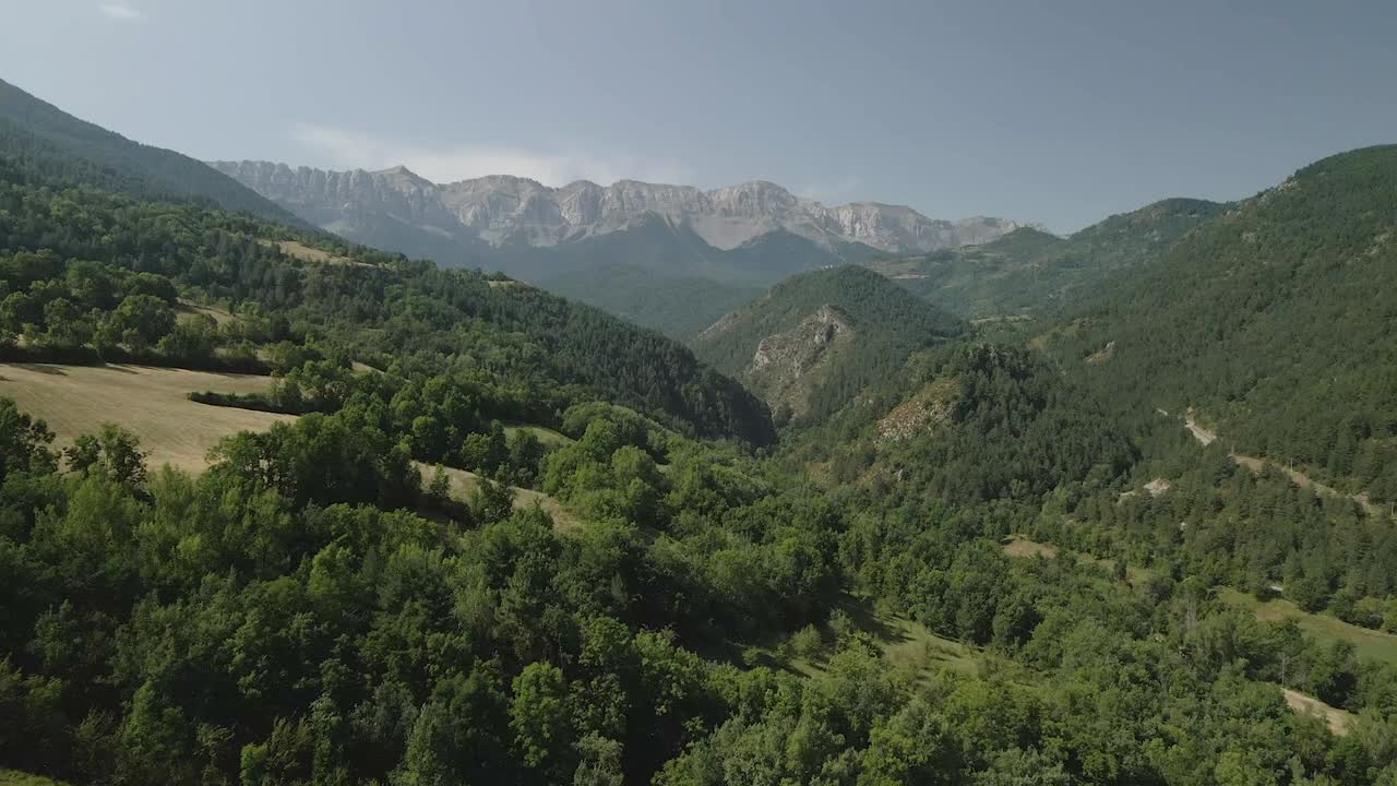 vista aérea de un dron que avanza entre montañas y sobre el bosque, con la cordillera de cadi en el horizonte