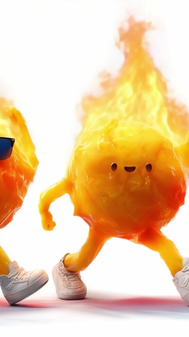 Un personaje animado y vibrante en forma de bola de fuego con gafas de sol encarna alegría y energía, mostrando una personalidad juguetona pero genial mientras está en llamas.