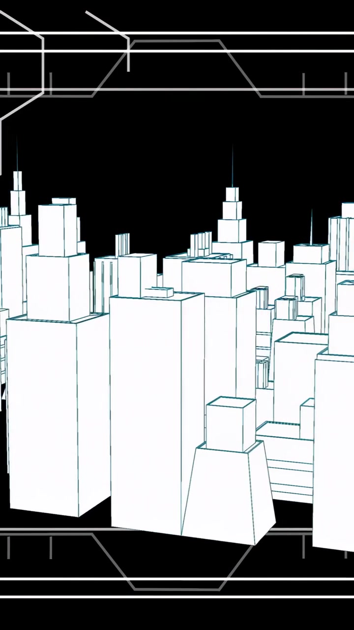 Video verticale: Telecamera che si allontana da un primo piano, città in wireframe visibile, HUD esagonale che guida la panoramica