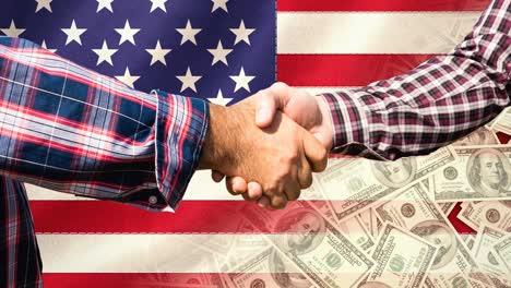 animation of two caucasian men shaking hands over american flag and banknotes