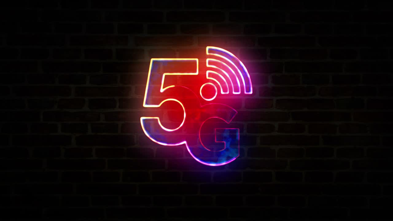 5G mobile communication symbol neon on brick wall