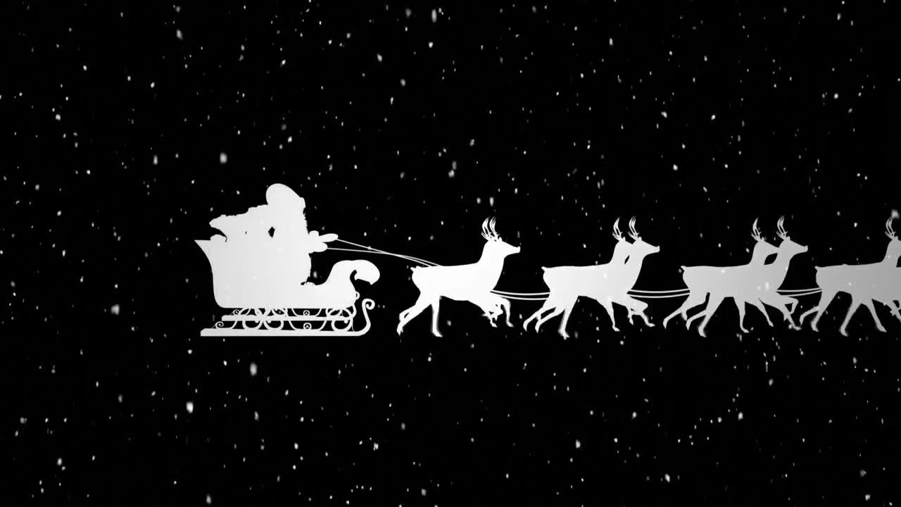 Video composition with falling snow over  animation of  santa in sleigh