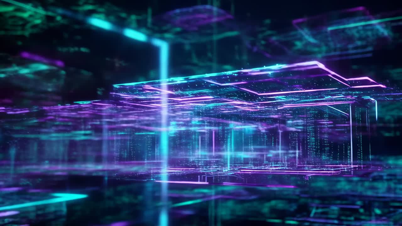 Moving camera revealing holographic platform rising from neon grid, revealing digital structure