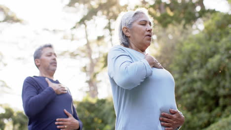 Focused-diverse-senior-couple-practicing-yoga-meditation-in-garden