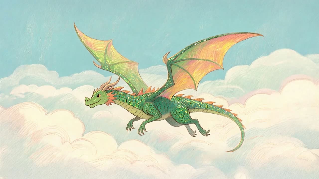 Dragon flying among clouds in watercolor