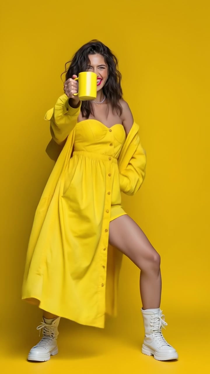 Wanita antusias berbusana kuning memegang cangkir kuning dengan latar belakang kuning cerah
