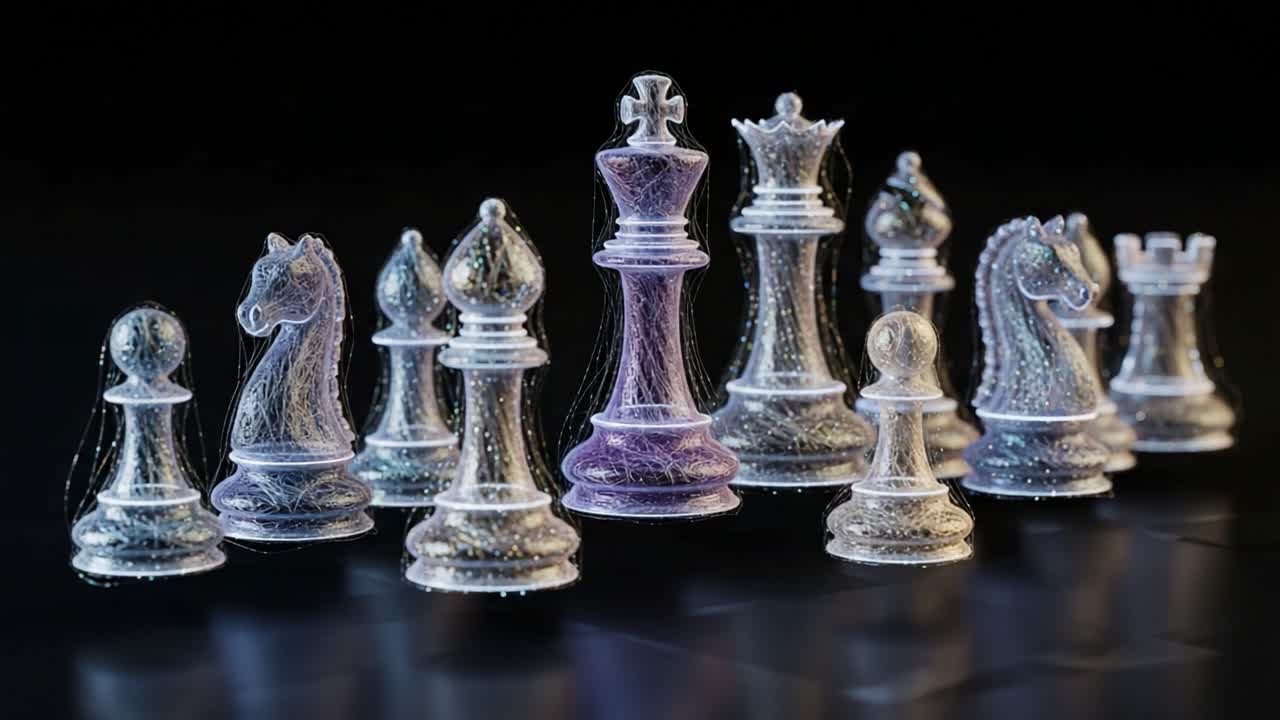A Stunning Visual Representation of a Chess Set Featuring Transparent and Intricately Designed Pieces, Highlighting the Strategic Depth and Complexity of the Game