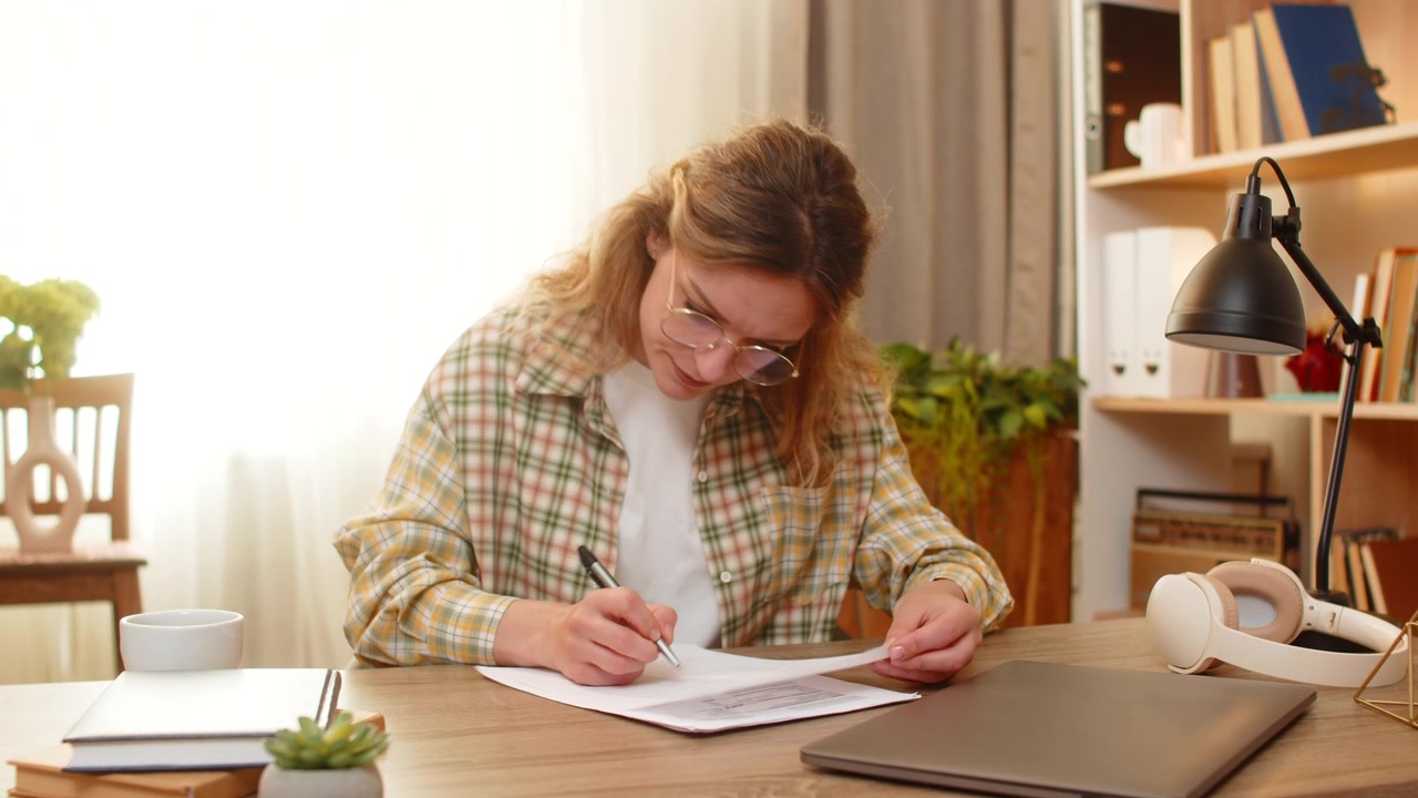 Mujer joven en la mesa de casa lee la letra pequeña en un documento con gafas y escribe una nota breve con bolígrafo