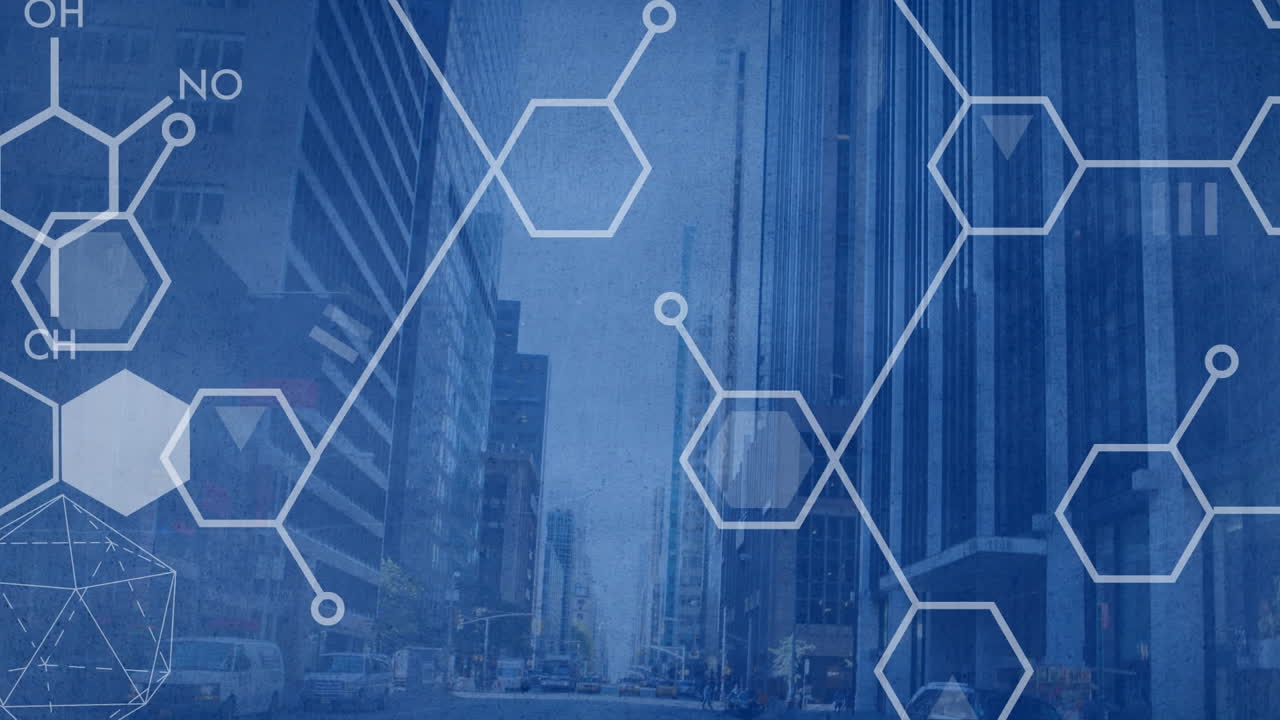 animación de estructuras y formas químicas sobre el paisaje urbano