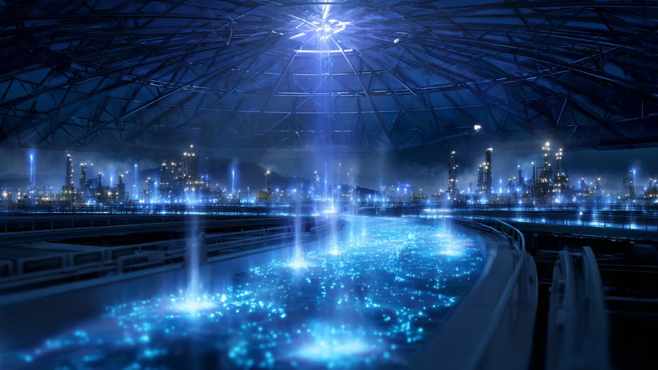 An Ethereal Scene of Glowing Waters and Illuminated Structures Captured in a Futuristic Environment, Highlighting the Intersection of Technology and Nature Through Stunning Ambience and Dynamic Light Effects