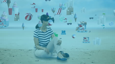 vr headset animation shows virtual travel on a beach with leisure icons.