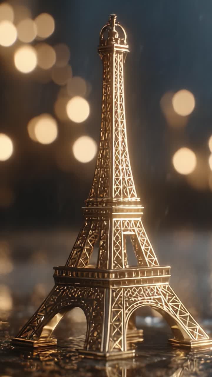 Un'Affascinante Miniatura Dorata della Torre Eiffel Scintilla tra Luci Bokeh Soffuse, Creando un'Atmosfera di Eleganza e Fascino in un Contesto Piovoso