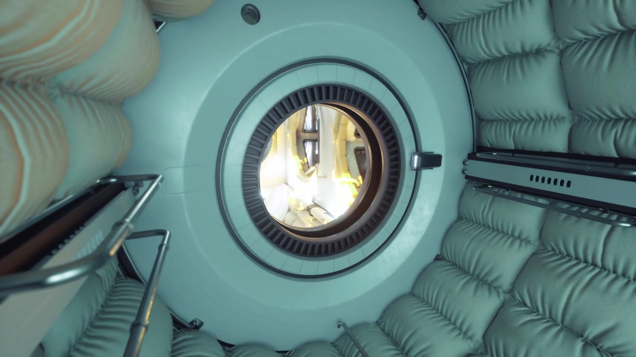 Portello di collegamento all'interno di una stazione spaziale, facilitato da dispositivi di sicurezza e corrimano.