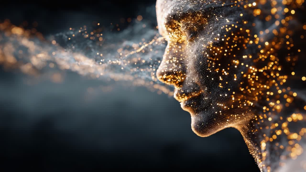 Un ritratto etereo di un volto umano che emerge da una nuvola di particelle, catturando la mistica di luce e ombra in una splendida rappresentazione visiva.