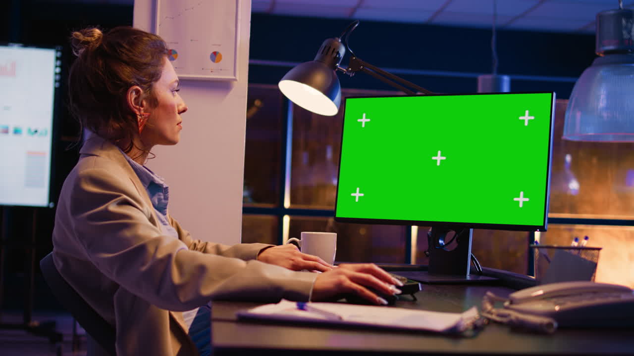 Woman working on computer with green screen in office at night