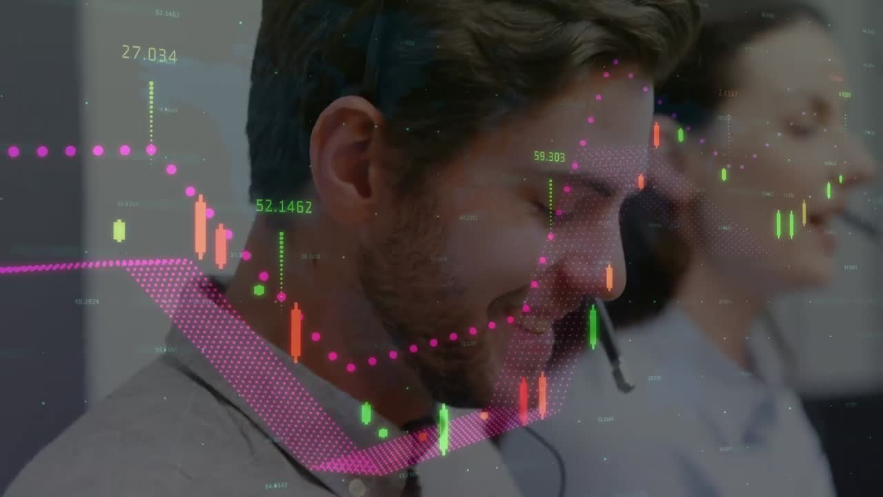 Animation of financial data processing over diverse business people with headsets