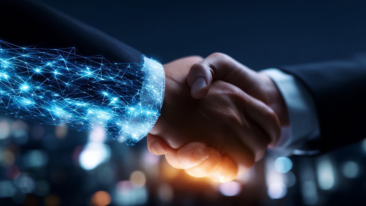 A Powerful Representation of Collaboration and Innovation: A Digital Handshake Symbolizing Trust, Partnership, and the Integration of Technology in Modern Business Interactions