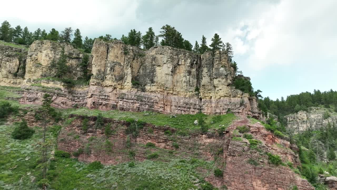 An aerial drone shot moving up the inside of a canyon cliff wall in a forested area