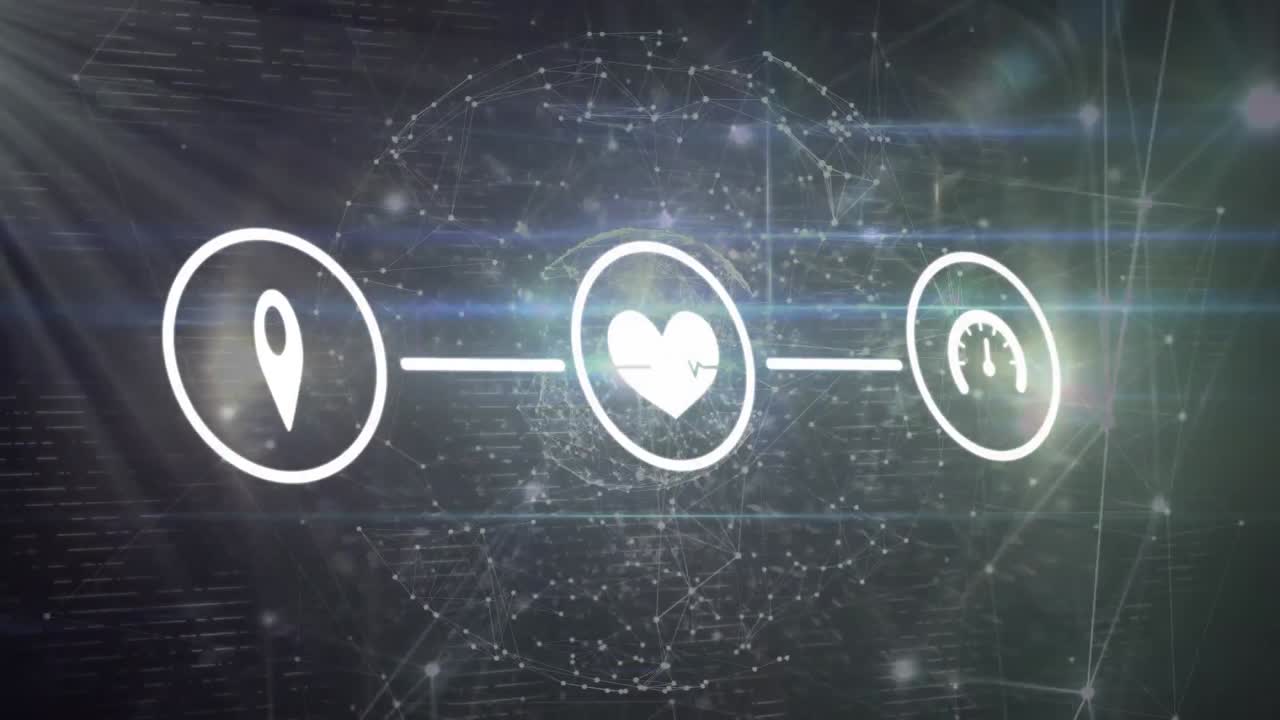 검은색 배경 위에 아이콘과 글로브로 연결된 네트워크의 애니메이션