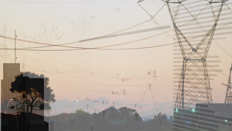 Transmission tower showing live grid data over power lines and suburban dusk skyline in 3D render
