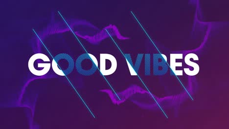 animation of good vibes in white and blue text over purple trails on purple background