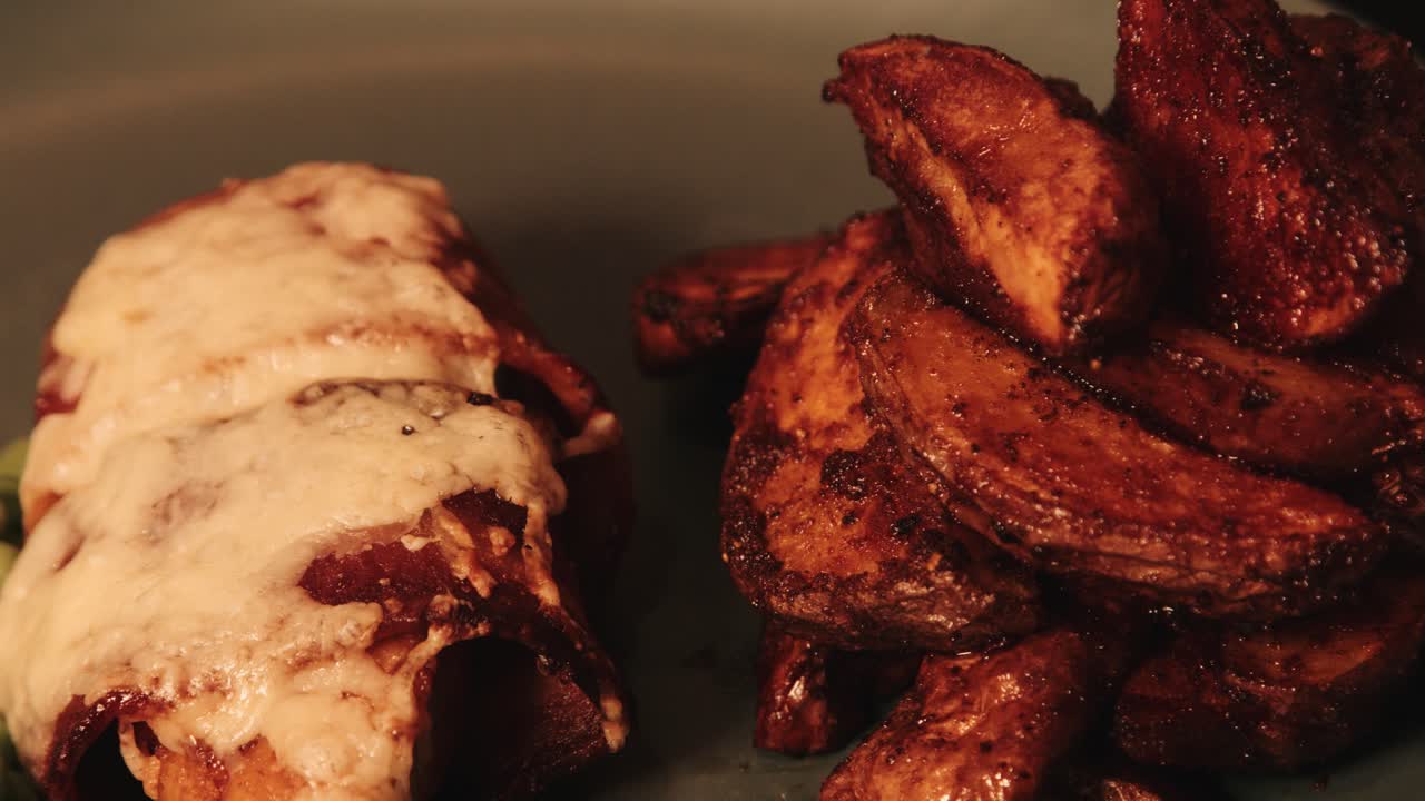 매운 파프리카 감자  ⁇ 과 채식주의 체더 치즈로  ⁇ 인 채식주의  ⁇ 고기와 베이컨으로 식물성 식사를 마무리합니다.