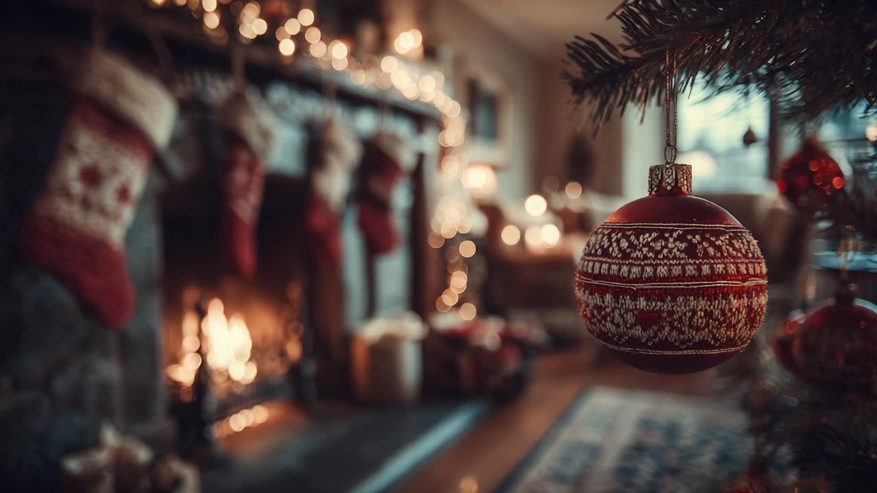 A Cozy and Festive Winter Scene Captured with a Beautiful Red Ornament Hanging Near a Warm Fireplace Surrounded by Glimmering Holiday Decorations and Stockings