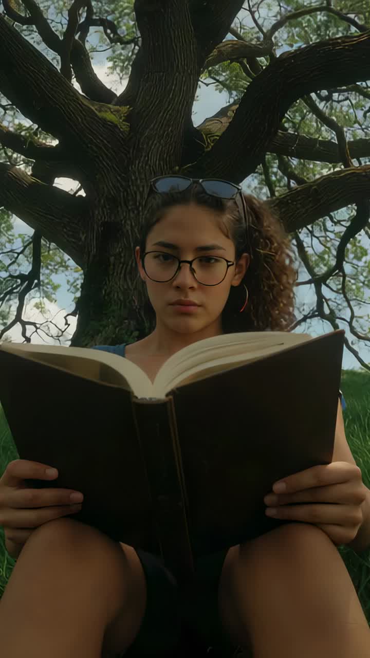 Vertical video: Hearing noise off-camera, student glancing up from book beneath tree, in blue top