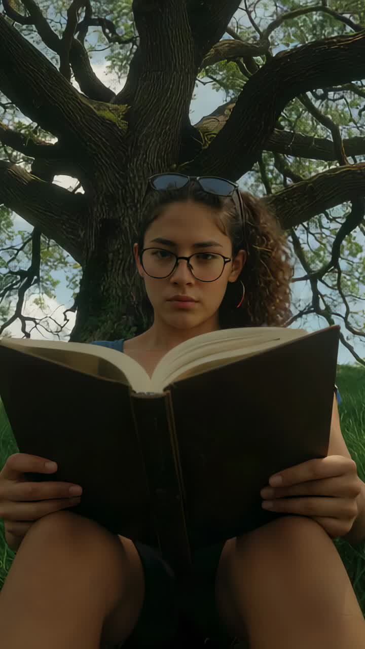 Video verticale: studente con maglia blu che alza lo sguardo dal libro sotto un albero sentendo un rumore fuori campo