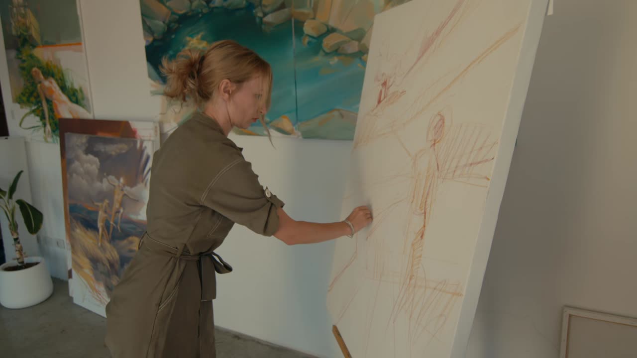 스튜디오에서 그림을 그리는 여성 예술가