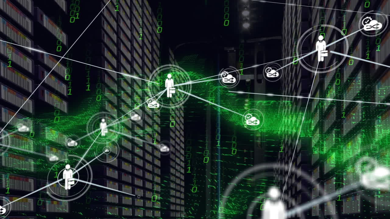 Animation of network of connections with icons over server room and data processing