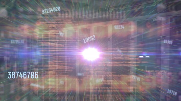 Animation of lens flare, increasing numbers over programming language over server room