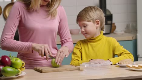 mother and son preparing lunch
