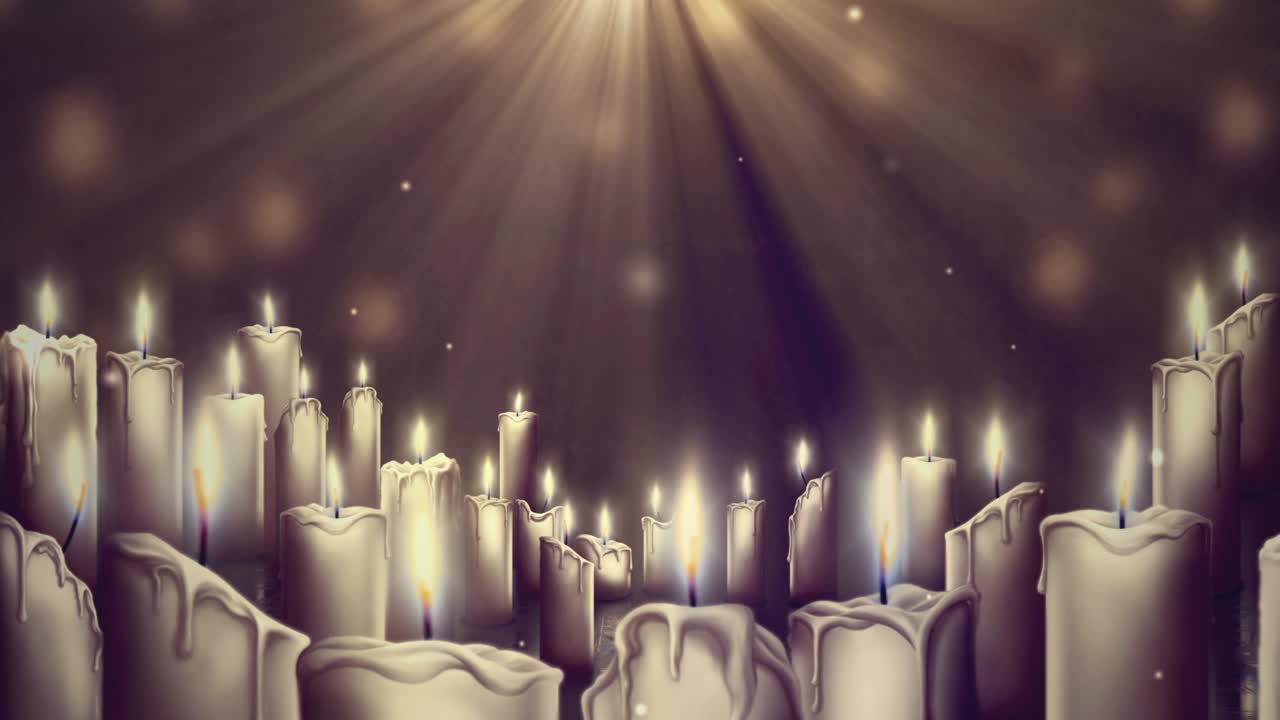 Many Lit Candles with Golden Light Rays and Bokeh Background