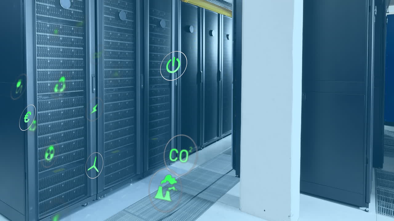 Animation of icon in circles over data server racks in server room