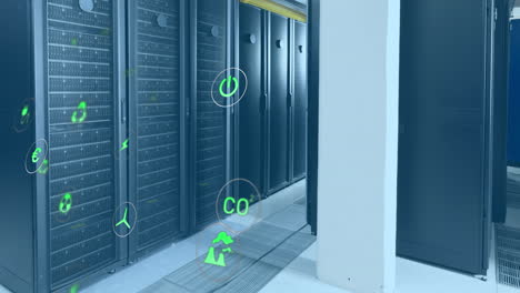 animación del icono en círculos sobre los racks de servidores de datos en la sala de servidores