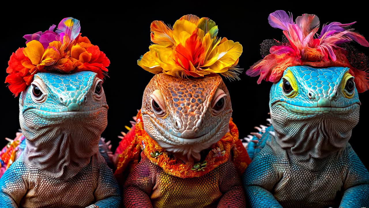 Lagartos coloridos presumen de estilo. Tres lagartos vibrantes llevan diademas florales y coloridos atuendos, mostrando sus estilos y personalidad únicos.