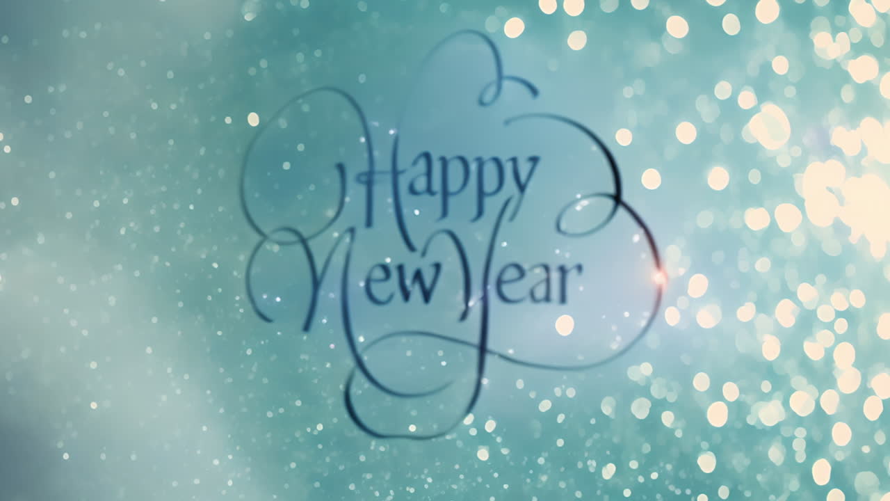 New Year cinemagraph with glowing text and lights on blue sky.