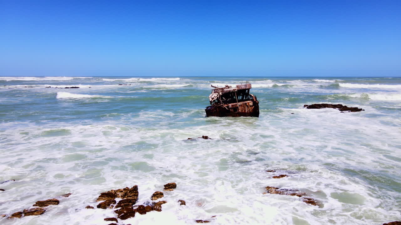 Iconic Meisho Maru rusted shipwreck on coastline of Cape L'Agulhas, aerial