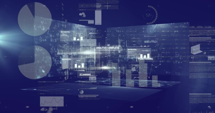 Animation of data processing over blue background