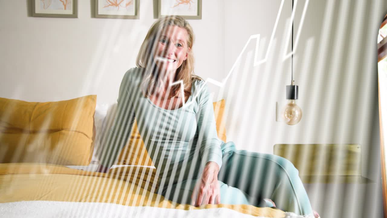 Overlay stripes, bright squiggle sweeping causing woman shifting on bed, turning, smiling for home